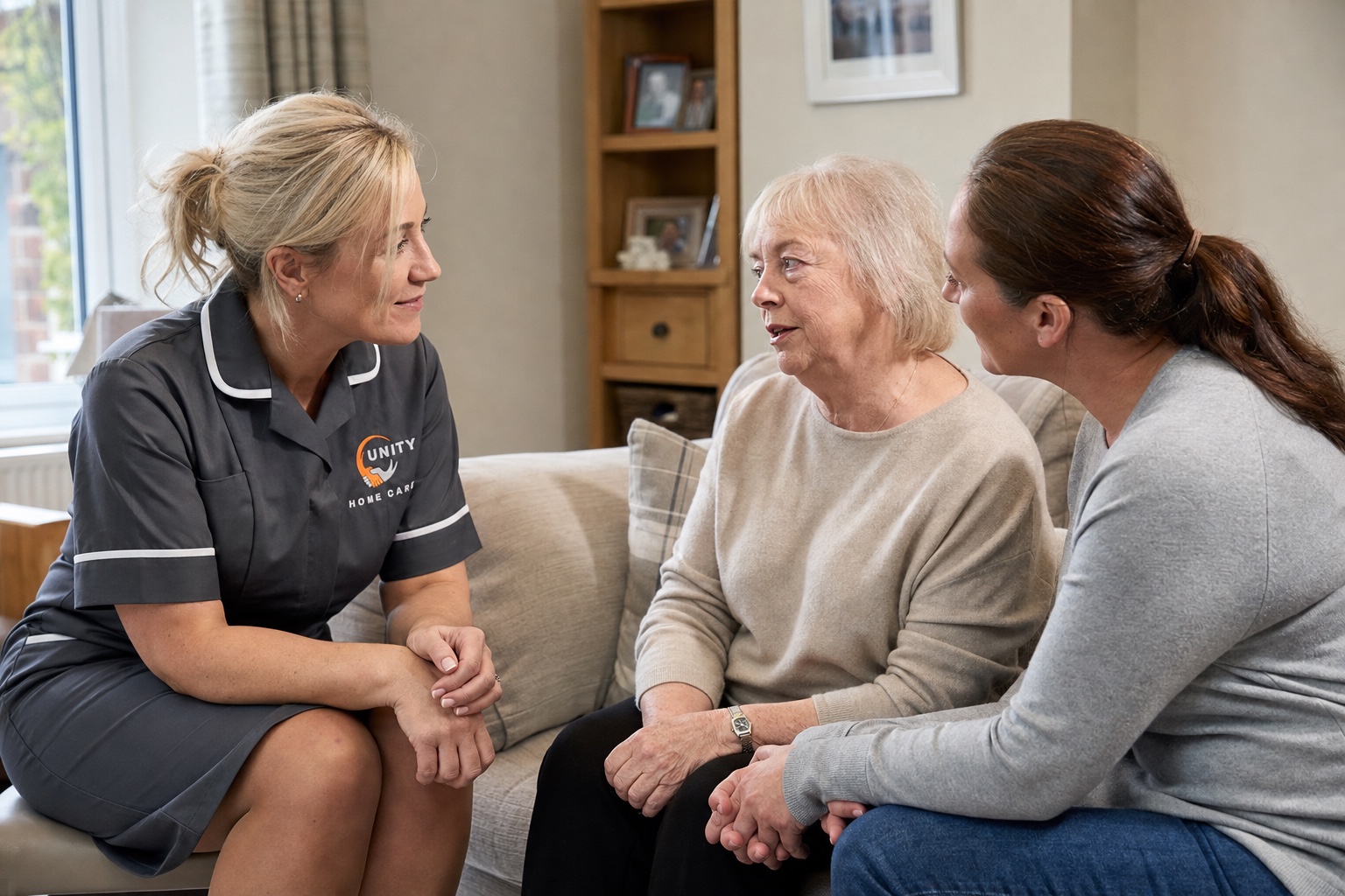 A Unity Home Care worker listening to an older woman and her daughter
