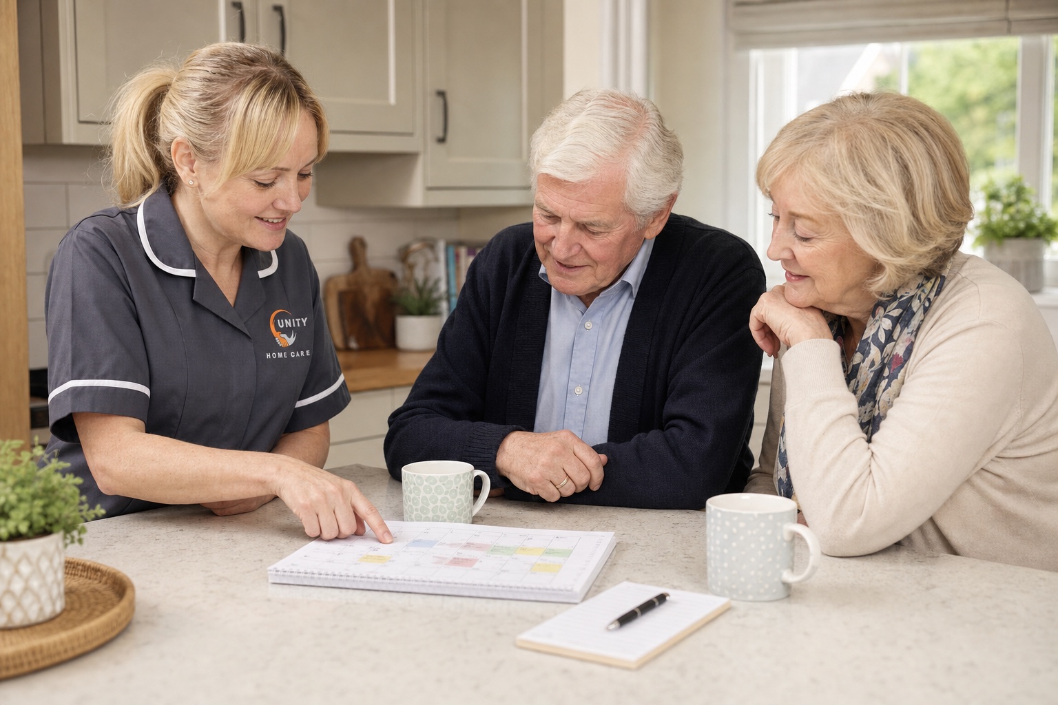 A Unity Home Care worker planning support with an older couple