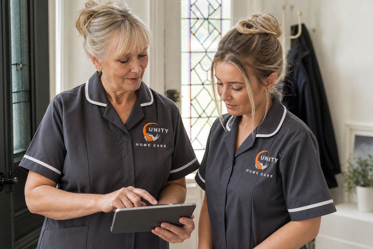 Two Unity Home Care workers reviewing a secure support plan together
