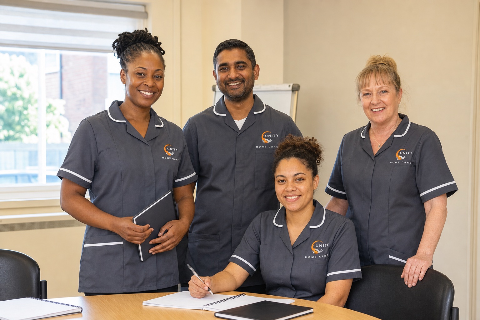 A diverse group of Unity Home Care employees together during team training